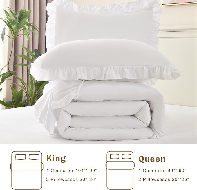 Cupocupa White Full Comforter Set, 3Pcs Comforters Ruffle Farmhouse Bedding Sets Full with Comforter, Lightweight Soft Shabby Chic Bedding Comforter Set Fluffy for All Season (White, F)