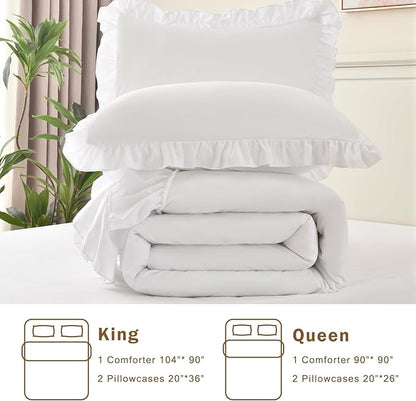 Cupocupa White Full Comforter Set, 3Pcs Comforters Ruffle Farmhouse Bedding Sets Full with Comforter, Lightweight Soft Shabby Chic Bedding Comforter Set Fluffy for All Season (White, F)