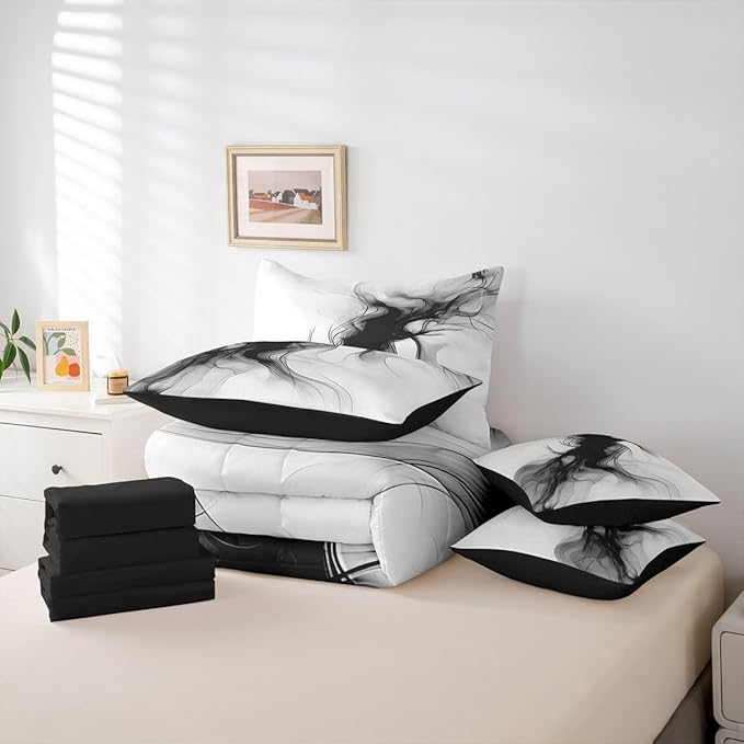 Erosebridal Black and White 7 Piece Comforter Set King Abstract Bedroom Decor for Men Teens Modern Ombre Grey Marble Bedding Set Elegant Ink Texture Neutral Sheet Set Marbling Minimalist Art Quilt