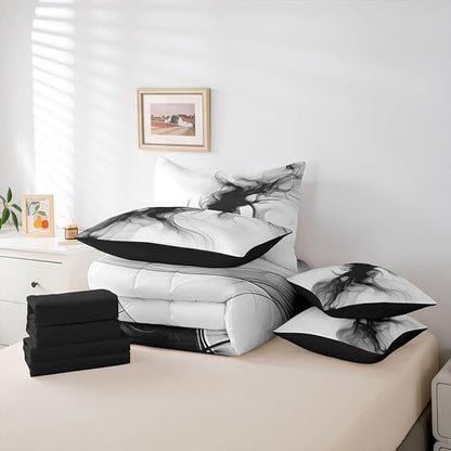 Erosebridal Black and White 7 Piece Comforter Set Queen Abstract Bedroom Decor for Men Teens Modern Ombre Grey Marble Bedding Set Elegant Ink Texture Neutral Sheet Set Marbling Minimalist Art Quilt