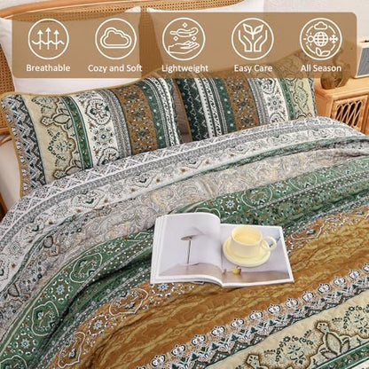 WONGS BEDDING Boho Quilt King Size,3 Pcs Bedspread Set, Brown Green