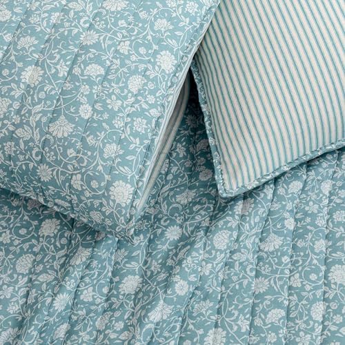 Wonderful Cotton Gauze Quilt Set Queen Size Blue Floral Bed Cover for All Season,Reversible Voile Quilt Bedding Sets with Pillow Shams for Queen Bed, Floral Bedspread Coverlet Set
