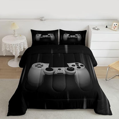 Feelyou Boys Gamer Comforter Set Full Size Bedding Set for Kids Gaming Comforter Gray Black Video Games Gamepad Room Decor for Teens Child Super Soft Geometric Duvet Quilted Son Grandson Gift