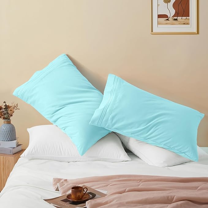 Vonty 2 Pack Standard Pillow Cases - 20x26 Inch, 1800 Thread Count Microfiber Pillowcases Standard Size Aqua Blue Pillow Cases Luxury & Soft Embroidered Bed Pillow Covers with Envelope Closure