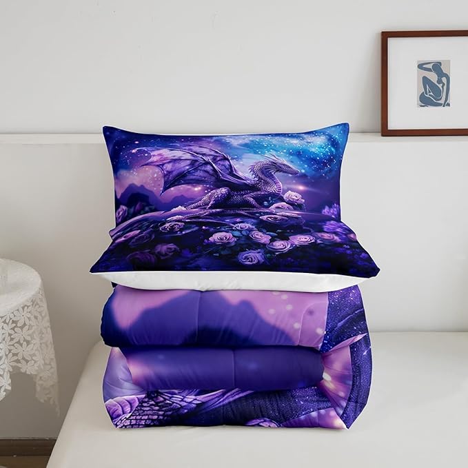 Dragon Comforter Set Full Size,Purple Nebula Galaxy Bedding Set for Kids Boys Girls Room Decor,Western Magical Dragon Microfiber Quilt Set,Starry Sky Rose Flower Duvet Insert 3Pcs,2 Pillowcases