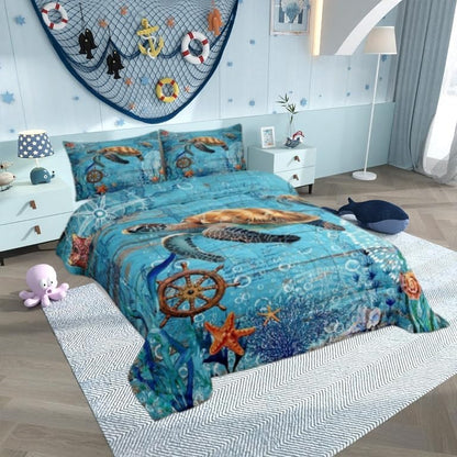 Sea Turtle Comforter Set Queen for Kids Boys Girls Sailing Route Room Decor Underwater World Bedding Comforter Aldults Bedroom Adventure Duvet Set 1 Comforter with 2 Pillow Cases,Lightweight Warm Soft
