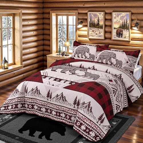 3 Piece Cabin Full/Queen Quilt Sets Christmas Rustic Reversible Microfiber Soft Lightweight Farmhouse Bedspread Comforter with 2 Shams Patchwork Country Lodge Bedding for All Season, 90''x96'', Red