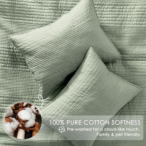 palassio Striped Sage Green 100% Cotton Quilt Queen Size Bedding Sets, Lightweight Crinkly Channel Pick Stitch Textured Bedspread Soft Shabby Chic Farmhouse Country Coverlet for All Season, 2 Shams