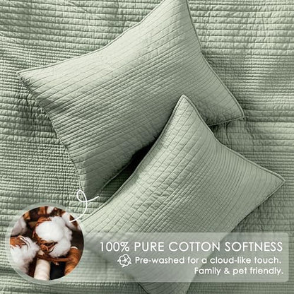 palassio Striped Sage Green 100% Cotton Quilt Queen Size Bedding Sets, Lightweight Crinkly Channel Pick Stitch Textured Bedspread Soft Shabby Chic Farmhouse Country Coverlet for All Season, 2 Shams