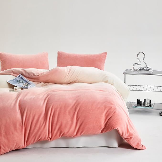 Cottonight Velvet Comforter King Fluffy Pink Flannel Bedding Set Women Men Thick Warm Winter Blanket Quilts Sherpa Micromink Light Pink Modern Chic Plush Fashion Bedding King