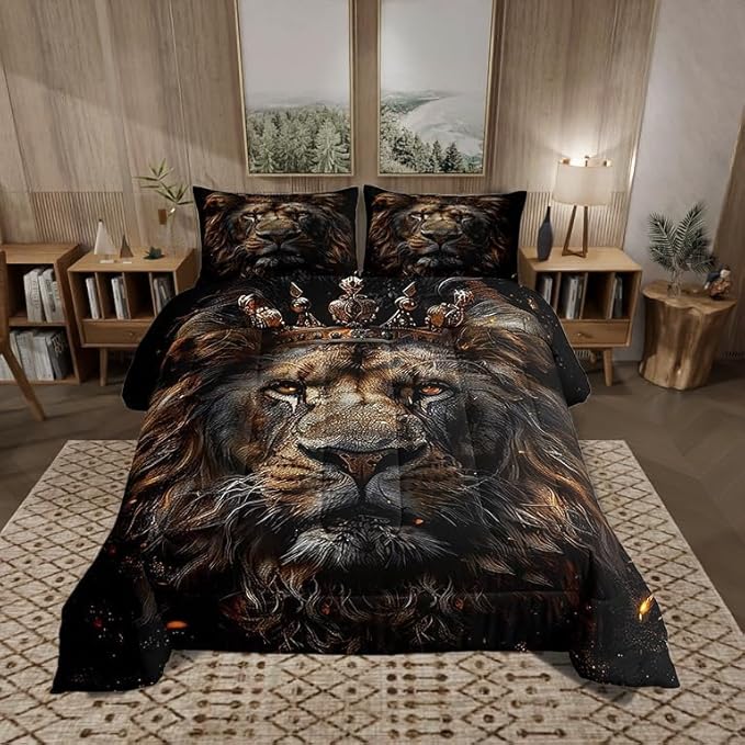 Castle Fairy 3D Lion Comforter Set King Size Wild African Animal Bedding Set Bedroom Decor Golden Glitter Crown Quilt Set Comfortable Breathable Luxury Black Duvet Insert with 2 Pillowcases,3 Pcs