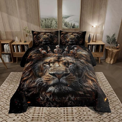 Castle Fairy 3D Lion Comforter Set King Size Wild African Animal Bedding Set Bedroom Decor Golden Glitter Crown Quilt Set Comfortable Breathable Luxury Black Duvet Insert with 2 Pillowcases,3 Pcs