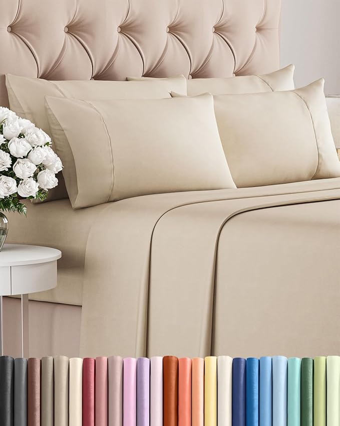 Full 6 Piece Sheet Set - Comfy Breathable & Cooling - Ultra Soft Hotel Luxury Bedding Set with 8-16 Inch Deep Pockets - 1 Flat & 1 Fitted Sheet & 4 Pillowcases - Cozy, Wrinkle Free & Easy Care - Wheat
