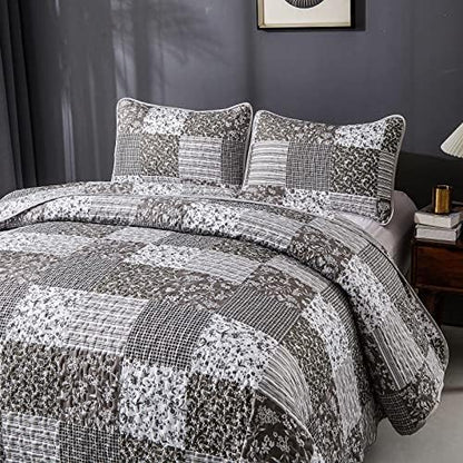 Mybedsoul Grey Boho Quilt King Size, Patchwork Floral Bedding Set