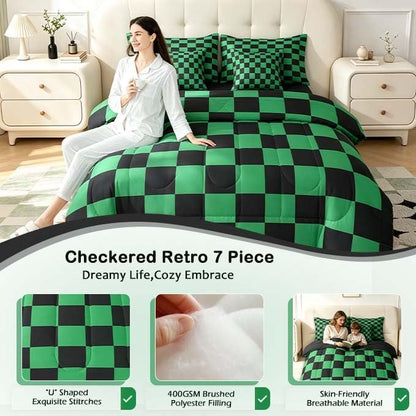 Feelyou Checkered 7 Piece Bedding Set Teen Green Black Plaid Comforter Set with Sheets Queen Size Kids Boys Cute Retro Neutral Checkerboard Geometric Bed in a Bag Vintage Aesthetic Room Decor