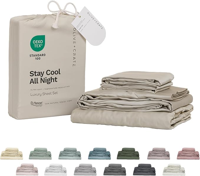 Olive + Crate Tencel Lyocell Eucalyptus Sheets King Size - Cooling Tencel Sheets for Hot Sleepers with 18 Inch Deep Pocket Fit - Beige 4-Piece Set