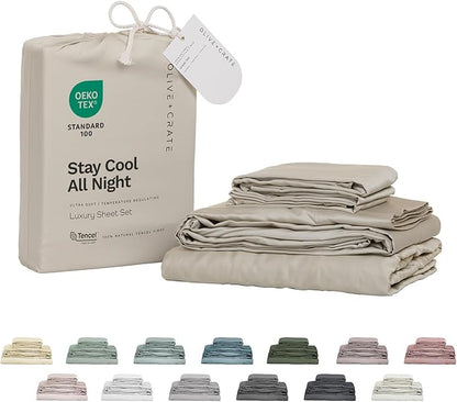 Olive + Crate Tencel Lyocell Eucalyptus Sheets King Size - Cooling Tencel Sheets for Hot Sleepers with 18 Inch Deep Pocket Fit - Beige 4-Piece Set