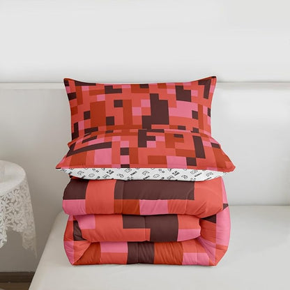 Pixelated Miners Game Kids Comforter Set Queen Size,Camo Geometric Check Bedding Set,Boys Room Decor,Reversible Gamepad Video Games Quilt Comforter,Red Brown Duvet Set Bedroom Quilt Set,2 Pillowcases