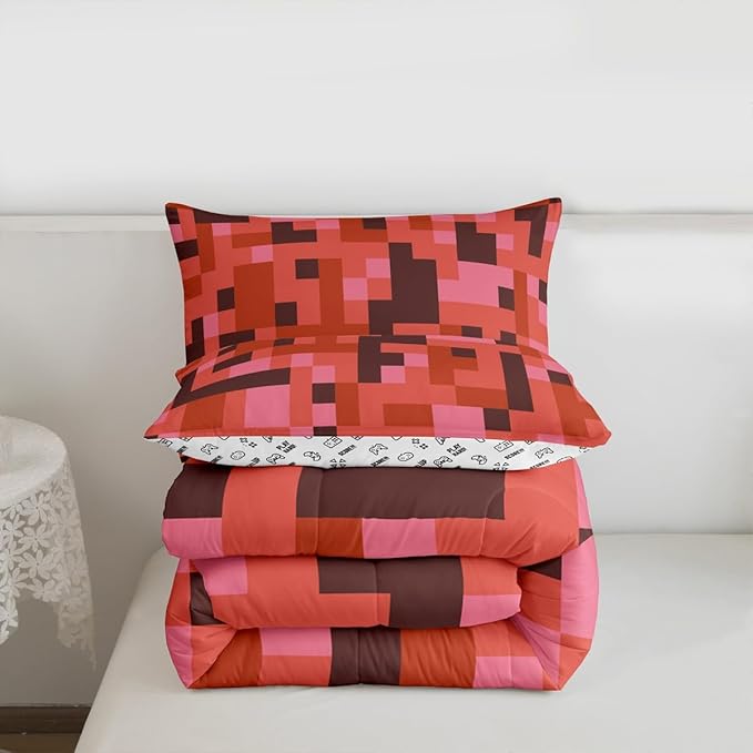 Pixelated Miners Game Comforter Set Full Size,Camo Geometric Check Kids Bedding Set,Reversible Gamepad Video Games Quilt Comforter,Red Brown Duvet Insert,2 Pillowcases
