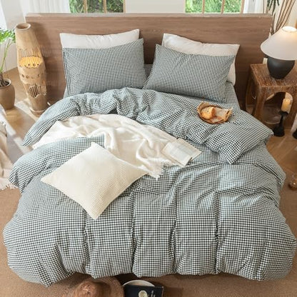 MooMee Gingham Duvet Cover Set 100% Washed Cotton Linen Like