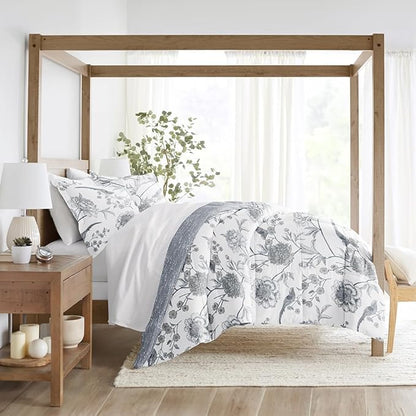 LINENS & HUTCH Comforter Set Patterned Microfiber All Season Down-Alternative Ultra Soft Bedding in Molly Botanicals - King/Cal-King Molly Botanicals Light Blue