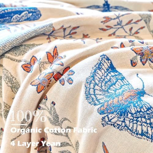 VANJOROY Boho Throw Blanket, 100% Organic Cotton Breathable Ultra Soft Bed Quilt Throw - All Season Floral Bird Butterfly Farmhouse Decor Blanket for Sofa Couch Chair and Gift. 80" x 90"