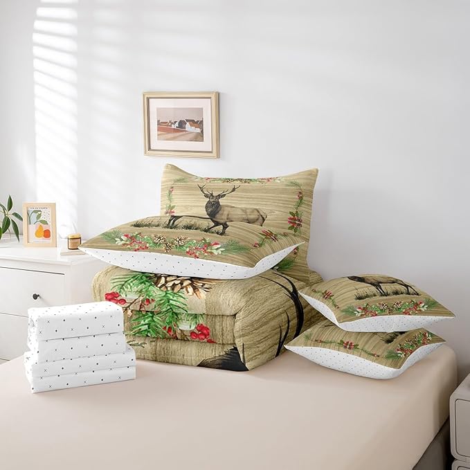 Reindeer Bed in a Bag King Size Comforter Set 7 Pieces,Woodland Animals Bedding Sets Rustic Elk Deer Moose Sheet Set with Comforter