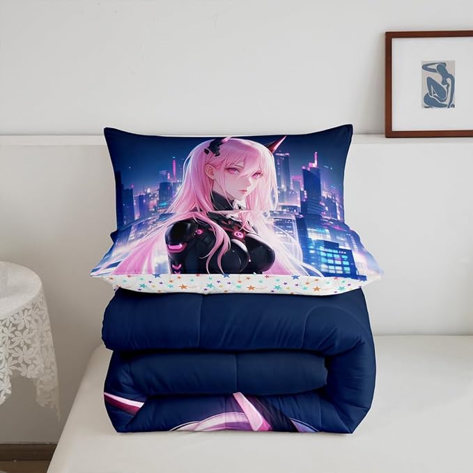 Erosebridal Japanese Anime Comforter Set Toddler Size, Anime Girl Bedding Set Kawaii Japanese Style Quilt Cartoon Japan Animation Duvet Insert for Boys Teens Adult Women Bedroom Decor