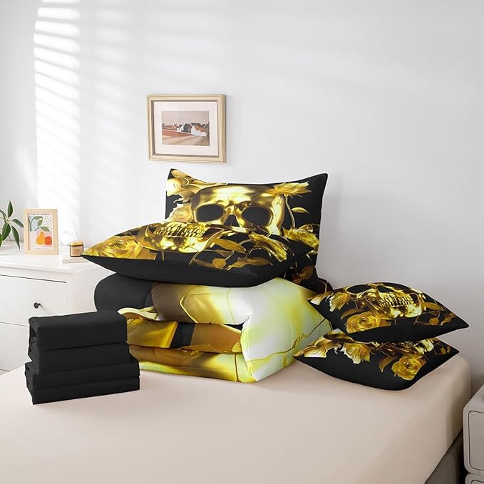 Erosebridal Gold Sugar Skull Bed in a Bag Queen Comforter Set 7 Piece,Gothic Skeleton Bedding Sets Rose Flowers Sheet Set with Comforter