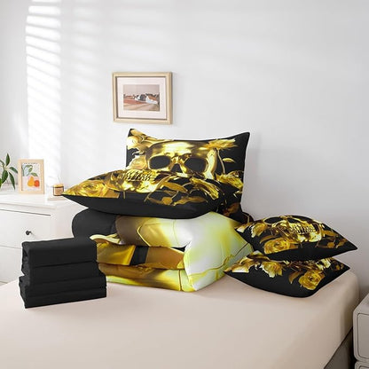 Erosebridal Gold Sugar Skull Bed in a Bag King Size Comforter Set 7 Pieces,Gothic Skeleton Bedding Sets Rose Flowers Sheet Set with Comforter