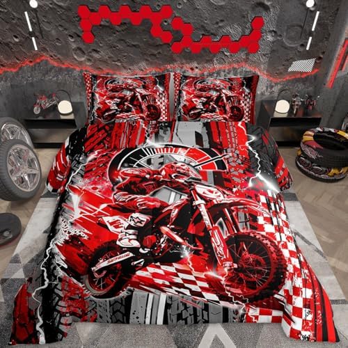 Feelyou Dirt Bike Kids Bedding Set,Boys Girls King Size,Racing Motocross Comforter Set,Extreme Sports Ultra Soft Duvet Quilt,Motorcycle Comforter Motorbike Bedroom Decor Red