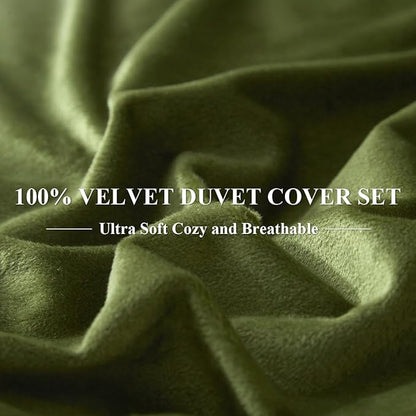 Ivellow Velvet Duvet Cover Queen Set Sage Green Comforter Cover 3Pcs Ultra Soft Cover Breathable Solid Luxury Flannel Velour Duvet Cover Zipper Closure Corner Tie
