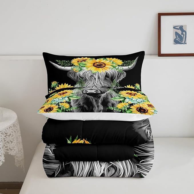 Feelyou Highland Cow Bedding Set Kids Sunflower Floral Western Cow Bull Comforter Set for Girls Teens Farmhouse Wildlife Animal Comforter Black Duvet Set Room Decor Quilt Set Twin Size