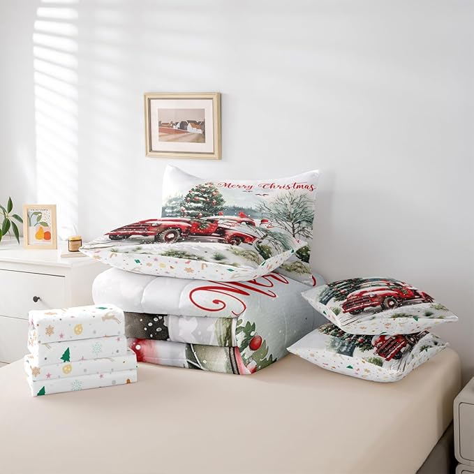 Castle Fairy Merry Christmas Comforter Set 7 Pieces,Red Truck Snowman Bed Set for Adults,Winter Pine Tree Bedding Full with 1 Comforter,1 Fitted Sheet,1 Flat Sheet,2 Pillowcases,2 Throw Pillow Cover