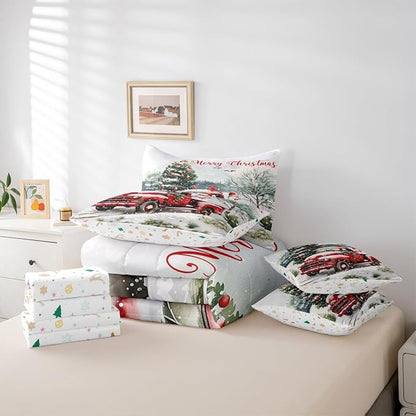 Castle Fairy Merry Christmas Comforter Set 7 Pieces,Red Truck Snowman Bed Set for Adults,Winter Pine Tree Bedding Queen with 1 Comforter,1 Fitted Sheet,1 Flat Sheet,2 Pillowcases,2 Throw Pillow Cover
