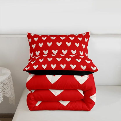 Red White Comforter Set Queen Size Cute Heart Pattern Bedding For Kids Boys Girls Valentine Day Gift Quilt Cartoon Love Geometric Duvet Insert Love Heart Soft Warm Bedding Sets Bedroom Decor 3Pcs