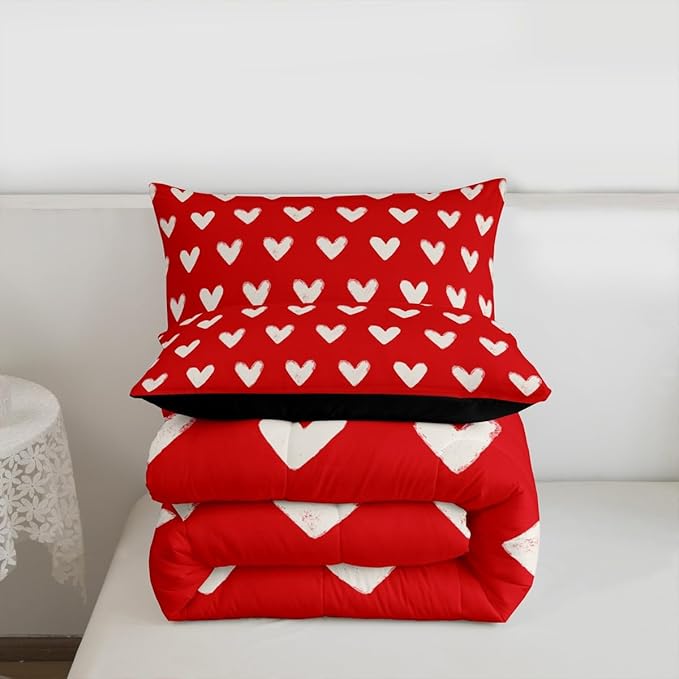 Red White Comforter Set Full Size Cute Heart Pattern Bedding For Kids Boys Girls Valentine Day Gift Quilt Cartoon Love Geometric Duvet Insert Love Heart Soft Warm Bedding Sets Bedroom Decor 3Pcs