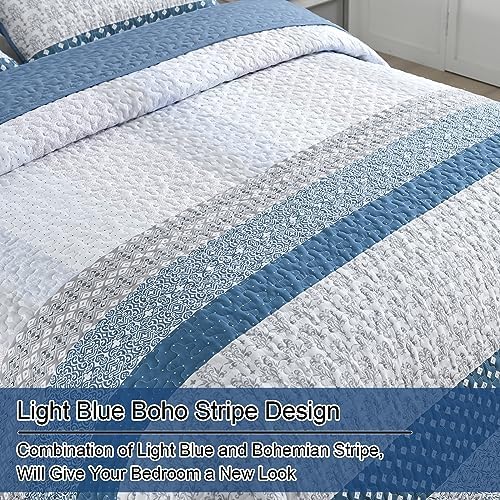 WONGS BEDDING Blue Queen Size Quilt Set, 3-Piece Boho Stripe Bedspread