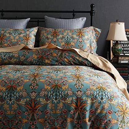 VM VOUGEMARKET Green Gold Duvet Cover Queen,Medallion Paisley Print Bedding Set 400 Thread Count Percale Cotton Vibrant Bohemian Pattern Quit Cover with Zipper Closure