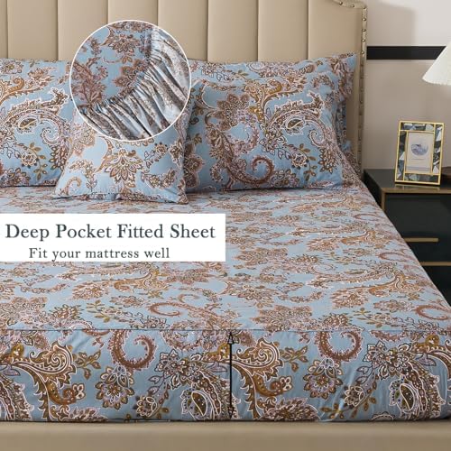FADFAY Luxury Queen Percale Cotton Sheet Set – Elegant Vintage Blue Paisley Bedding, Ultra Soft & Breathable, Deep Pocket Fitted Sheet, Timeless French Country Heirloom Style, 4 Piece Set