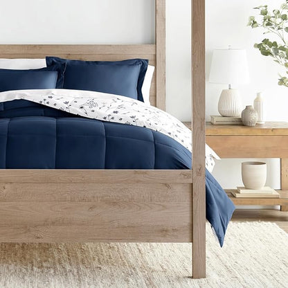 LINENS & HUTCH Comforter Set Patterned Microfiber All Season Down-Alternative Ultra Soft Bedding in Forget Me Not - King/Cal-King Forget Me Not Navy