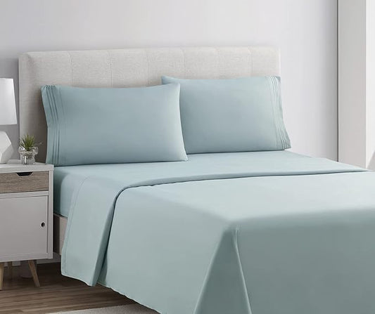 Clara Clark Bed Sheets, Premier 1800 Series 4 Piece Bed Sheet Set, Deep Pocket, Wrinkle, Fade, Stain Resistant, Luxury Soft Bedding Sheets & Pillowcases, Queen, Light Blue Aqua