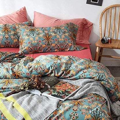 VM VOUGEMARKET Green Gold Duvet Cover Queen,Medallion Paisley Print Bedding Set 400 Thread Count Percale Cotton Vibrant Bohemian Pattern Quit Cover with Zipper Closure