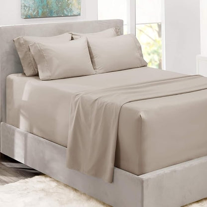 Hearth & Harbor Bed Sheets, Luxury Soft 6 Piece Bed Sheet Set Extra Deep Pocket Fitted Sheets Fits Mattress up to 21", Double Brushed Bedding Sheets & Pillowcases, Split King, Natrual Linen