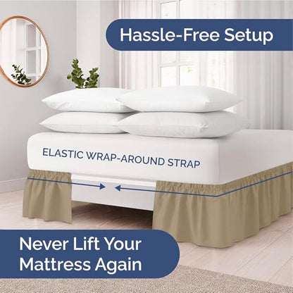 Wrap Around Dust Ruffle Bed Skirt - Beige - for King Size Beds with 12 Inch Drop - Easy Fit Elastic Strap - Adjustable Pleated Bedskirt w/Brushed Fabric - Wrinkle Free - for Women, Men, Kids & Teens