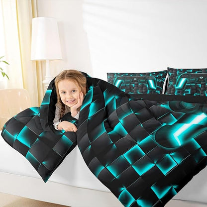 Erosebridal Gaming Bedding Set King Comforter Set for Boys Kids Geometric Gamer Bedding Sets Teal Black Ombre Checkered Gamepad Quilt Duvet Neon Game Console Bed Cmforter Set 3 Pcs