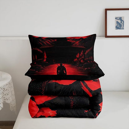 Feelyou Dragon Comforter Set Queen Size Japanese Style Comforter for Boys Girls Teens Samurai Bedding Set Sunset Duvet Set Room Decor Red Black Quilt Set