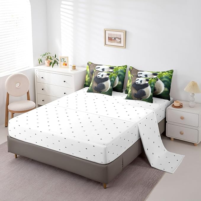 Feelyou Cute Panda Comforter Set 7 Pieces Queen Size Kawaii Bear Bedding Set for Boys Girls Nature Bed in a Bag with Comforter, Sheets, Pillowcases & Cushion Covers