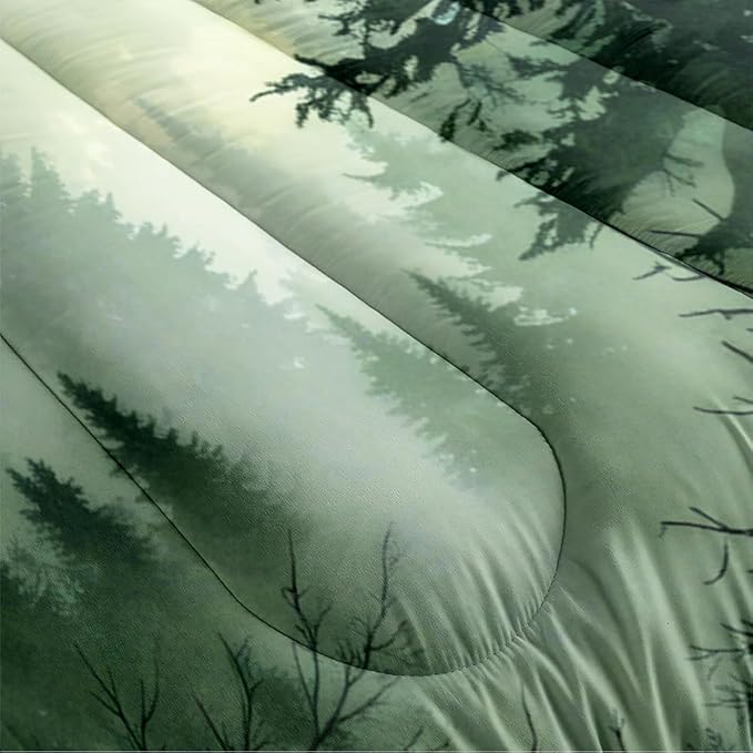 Olive Green Botanical Comforter Set Queen Size Green Woodland Forest Tree Comforters Ombre Nature Landscape Bedding Set Army Green Pine Trees Bedding Ultra Soft Microfiber