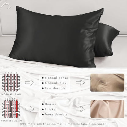 PROMEED 100% Mulberry Silk Pillowcase Set of 2, 23 Momme 3rd Gen Grade 6A+ 100% Mulberry Silk Pillow Cases 2 Pack, Real Silk Pillow Cover for Acne Prone Skin (King 20"x36", Black)